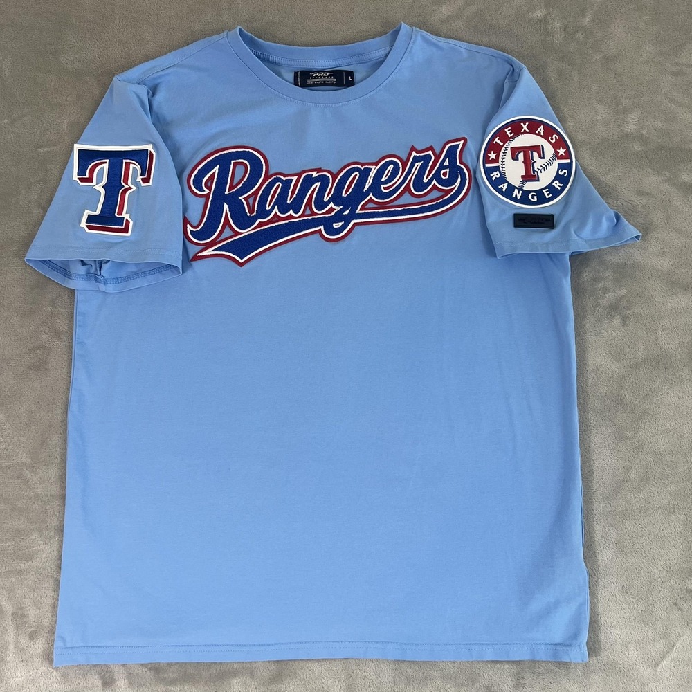 Texas Rangers Shirt Mens Large Blue MLB Baseball Pro Standard Script Patches